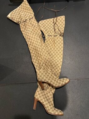 Gucci Beige Monogram Thigh-High Boots